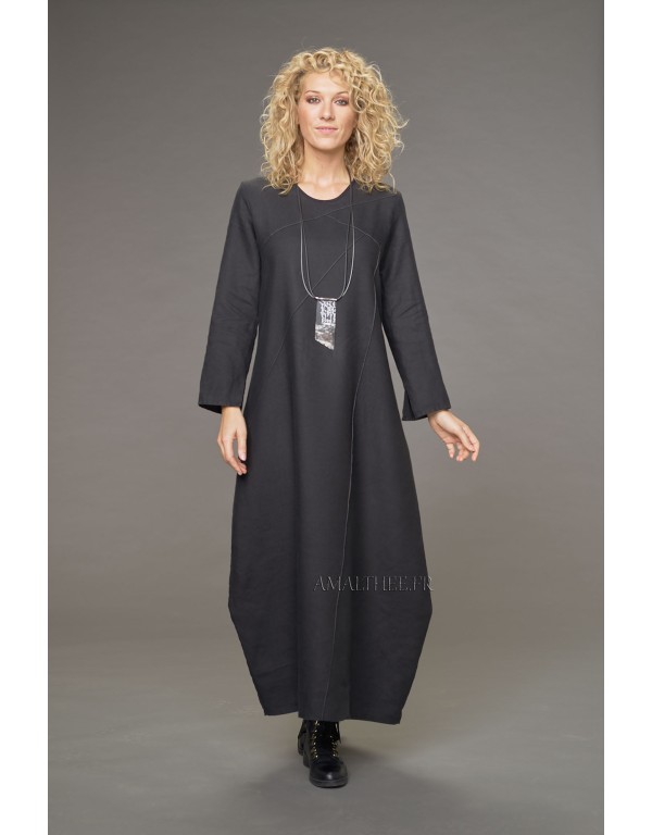 Robe Manon surpiquée en lin noir