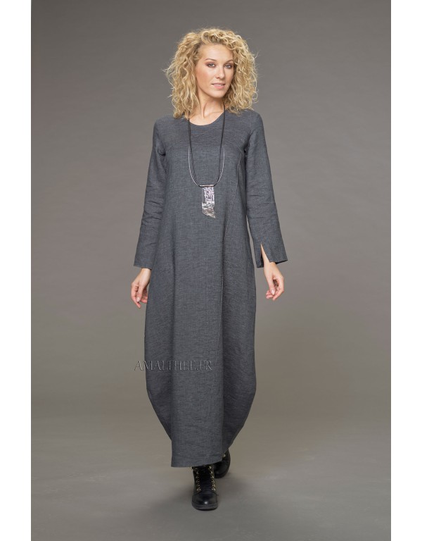 ROBE MANON SURPIQUÉE EN LIN GRIS ARDOISE