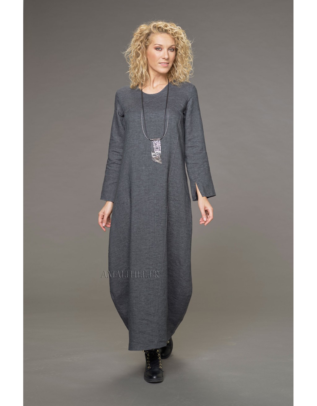 ROBE MANON SURPIQUÉE EN LIN GRIS ARDOISE