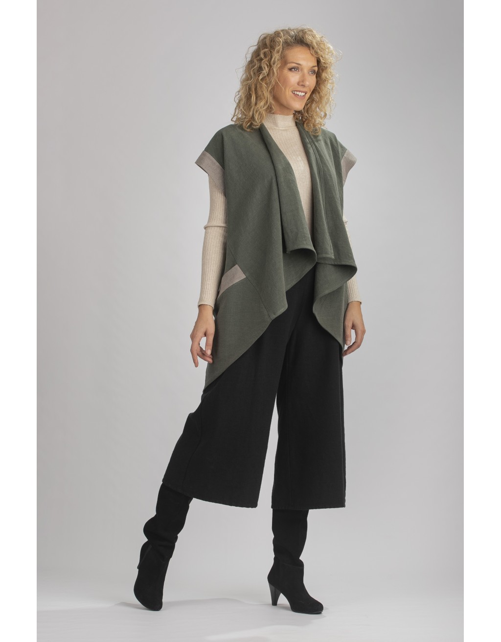 GILET VESTE ALICE BICOLORE SANS MANCHES EN LIN LAINE VERT AMANDE/GRIS (DÉLAI 15 JOURS)