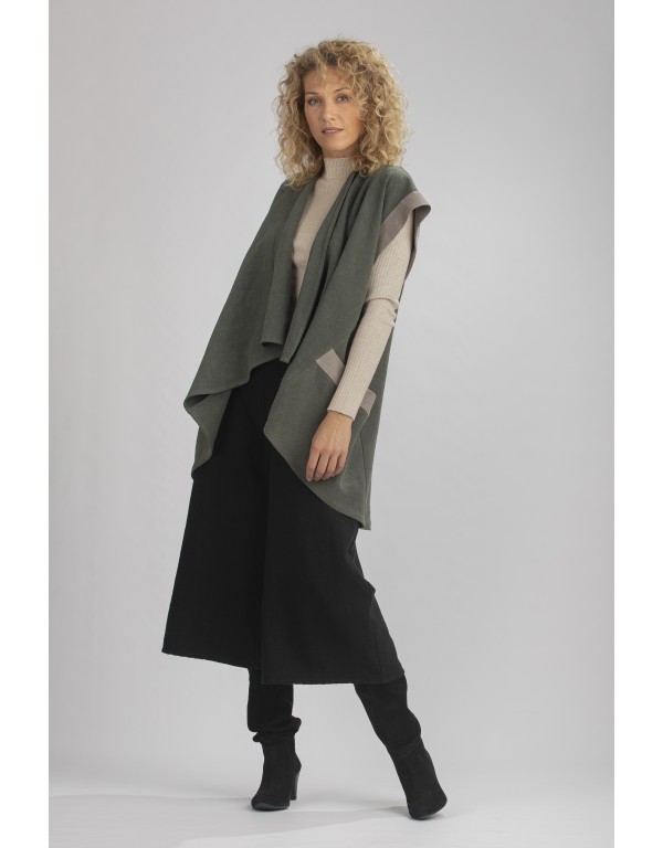 GILET VESTE ALICE BICOLORE SANS MANCHES EN LIN LAINE VERT AMANDE/GRIS (DÉLAI 15 JOURS)