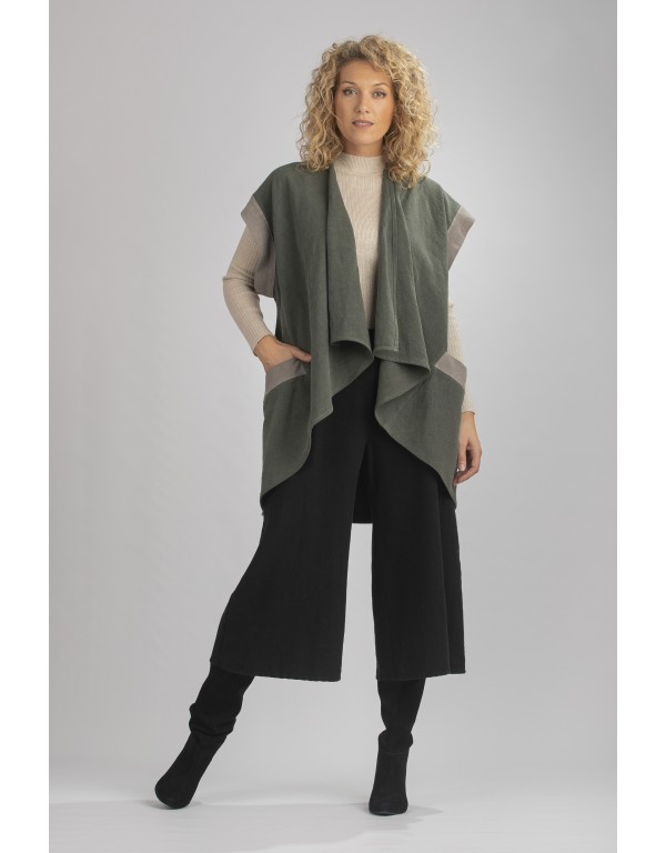 GILET VESTE ALICE SANS MANCHES EN LIN LAINE VERT AMANDE/GRIS