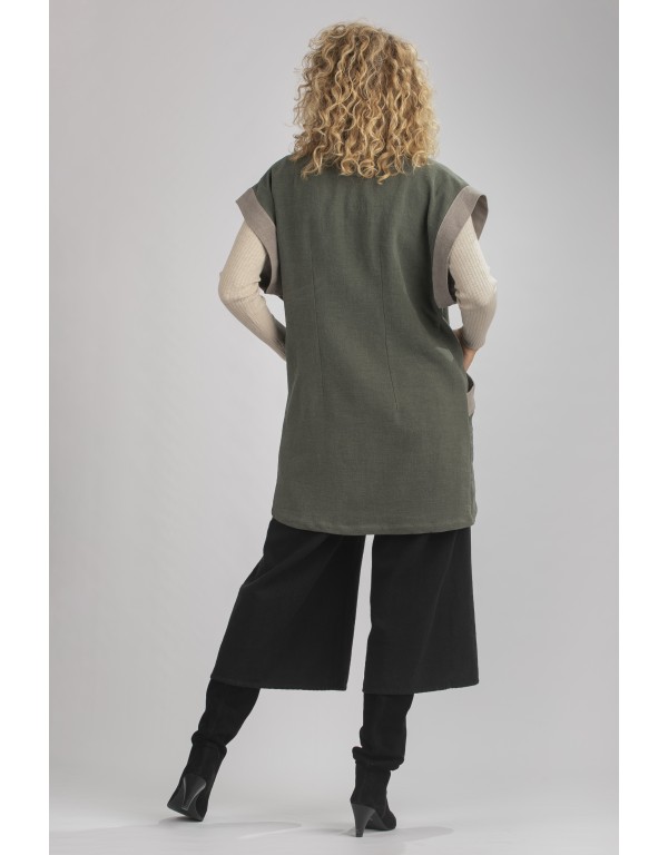 GILET VESTE ALICE SANS MANCHES EN LIN LAINE VERT AMANDE/GRIS