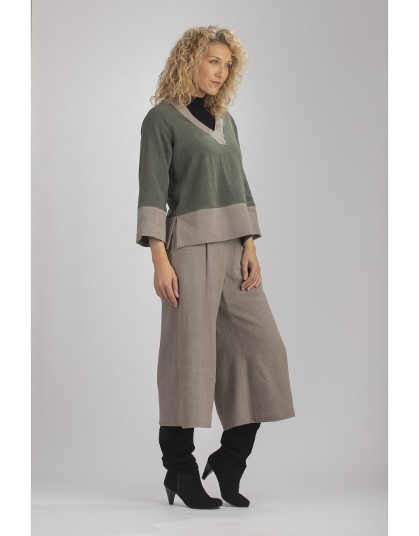 TOP MAEVA AVEC MANCHES EN LIN LAINE BICOLORE VERT AMANDE/GRIS TAUPE