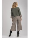 TOP MAEVA AVEC MANCHES EN LIN LAINE BICOLORE VERT AMANDE/GRIS TAUPE