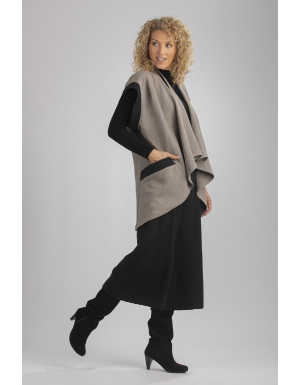 GILET VESTE ALICE BICOLORE SANS MANCHES EN LIN LAINE GRIS TAUPE/NOIR (Délai 15 jours)