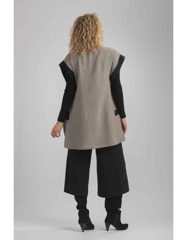 GILET VESTE ALICE BICOLORE SANS MANCHES EN LIN LAINE GRIS TAUPE/NOIR (Délai 15 jours)