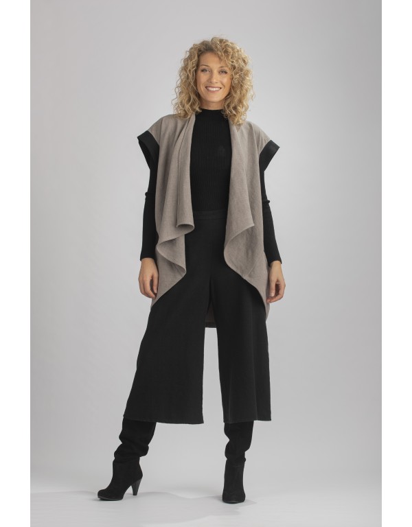 GILET VESTE ALICE BICOLORE SANS MANCHES EN LIN LAINE GRIS TAUPE/NOIR (Délai 15 jours)