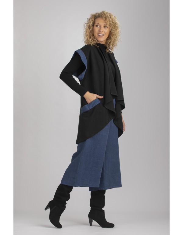 GILET VESTE ALICE  SANS MANCHES EN LIN LAINE NOIR/INDIGO