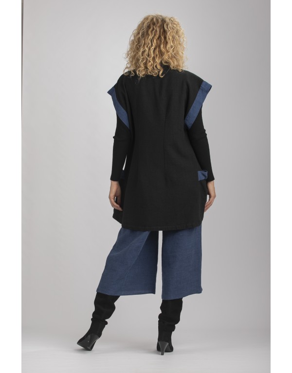 GILET VESTE ALICE  SANS MANCHES EN LIN LAINE NOIR/INDIGO