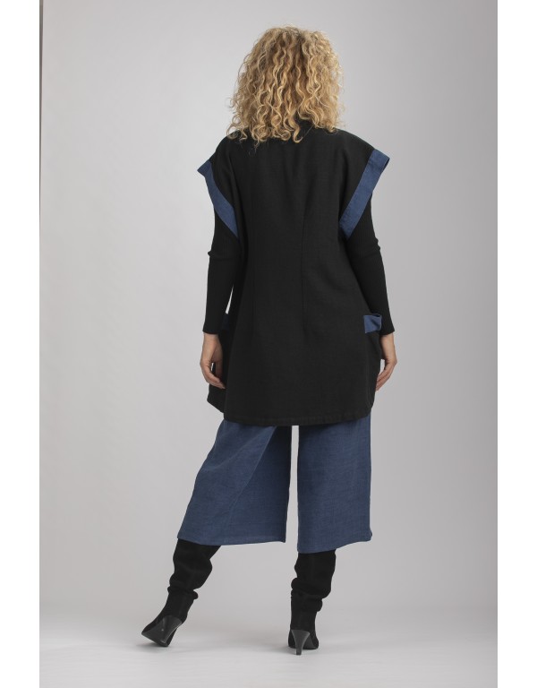 GILET VESTE ALICE BICOLORE SANS MANCHES EN LIN LAINE NOIR/INDIGO (Délai 15 jours)
