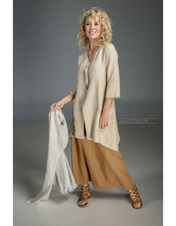 Longue chemise en lin beige sable Emilie avec manches trois quart et sarouel jupe couleur tabacco