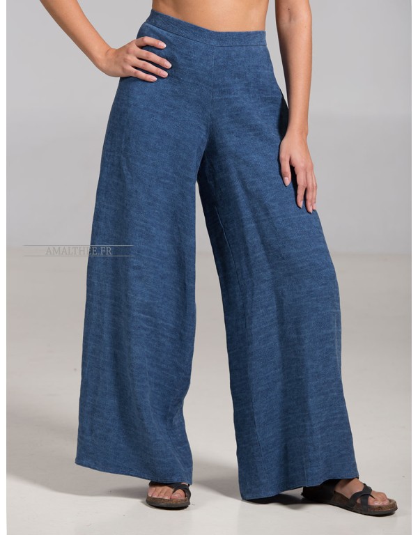 PANTALON LARGE BABA EN LIN BLEU INDIGO