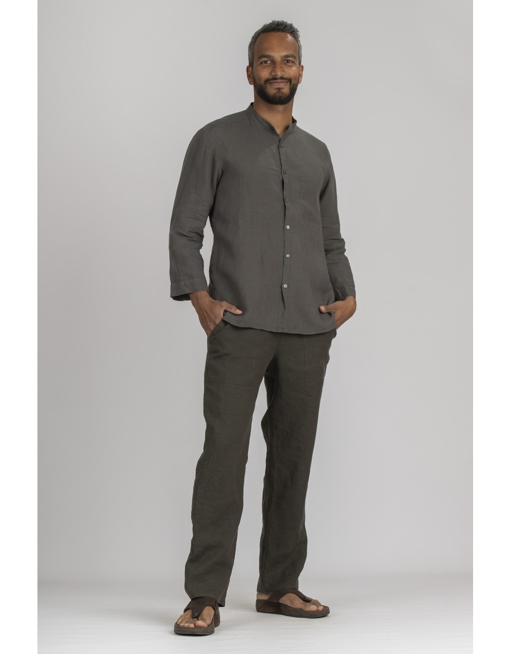 CHEMISE COL MAO EN LIN GRIS ANTHRACITE  SOAN