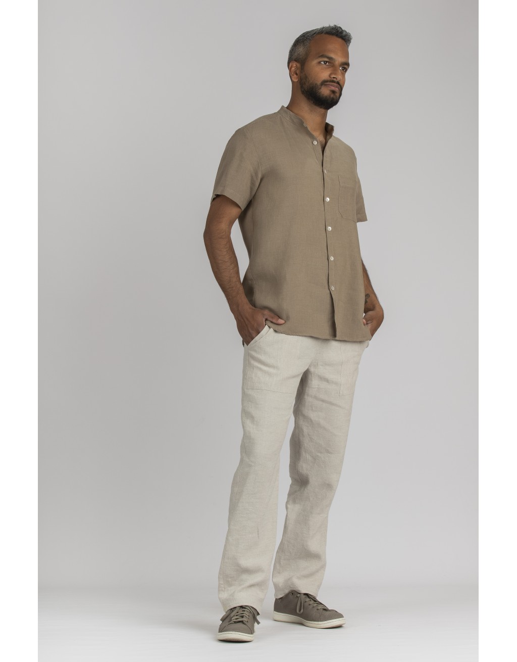 CHEMISE EN LIN BEIGE KAKI MANCHES COURTES  MATHIS