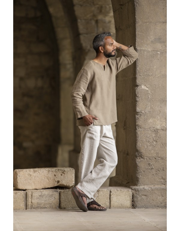 TUNIQUE EN LIN BEIGE KAKI MALO ET PANTALON FICELLE