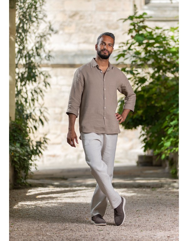 CHEMISE ARTHUR COL CLASSIC EN LIN BEIGE KAKI ET PANTALON ASSORTI