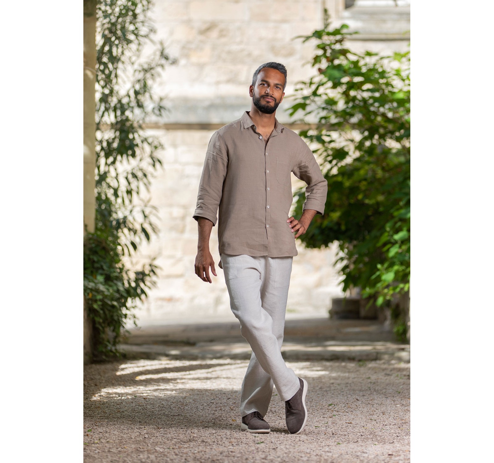 CHEMISE ARTHUR COL CLASSIC EN LIN BEIGE KAKI ET PANTALON ASSORTI