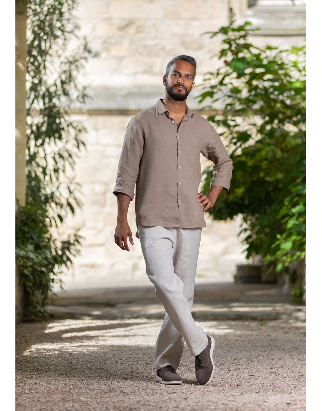 CHEMISE ARTHUR COL CLASSIC EN LIN BEIGE KAKI ET PANTALON ASSORTI