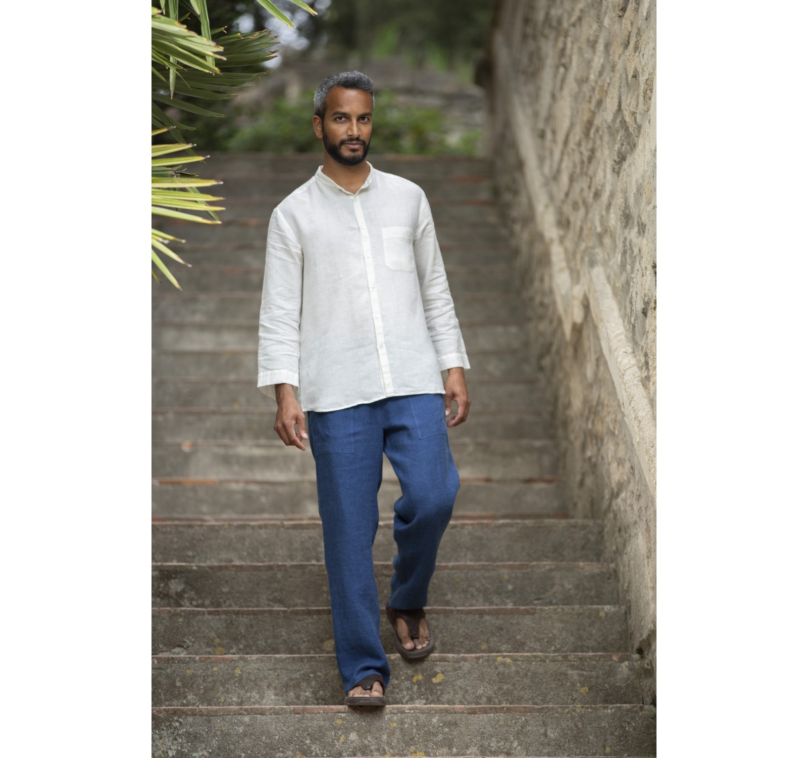 CHEMISE SOAN COL MAO EN LIN  BLANC  ET PANTALON ASSORTI