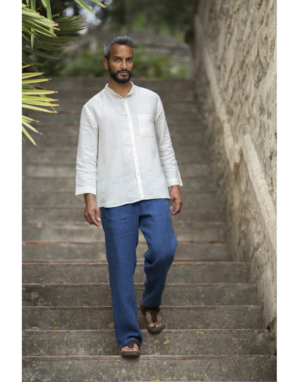 CHEMISE SOAN COL MAO EN LIN BLANC ET PANTALON ASSORTI
