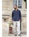 CHEMISE ARTHUR  EN LIN  EPAIS BLEU MARINE  MANCHES LONGUES   ET PANTALON ASSORTI