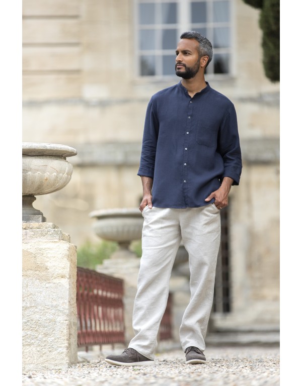 CHEMISE SOAN COL MAO EN LIN BLEU MARINE ET PANTALON ASSORTI