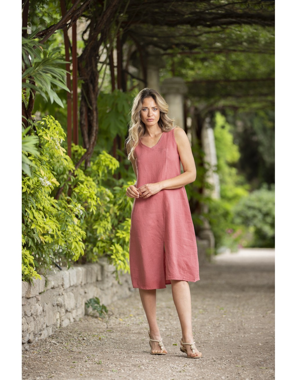 ROBE ELENA EN LIN ROSE FRAMBOISE