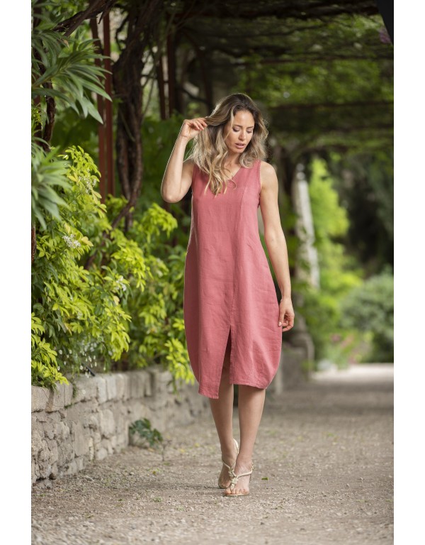 ROBE ELENA EN LIN ROSE FRAMBOISE