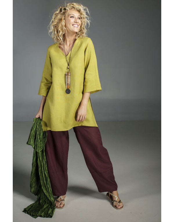 TUNIQUE INDIE EN LIN DE COULEUR VERT TILLEUL ET PANTALON MARRON ACAJOU