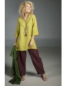 TUNIQUE INDIE EN LIN DE COULEUR VERT TILLEUL ET PANTALON MARRON ACAJOU