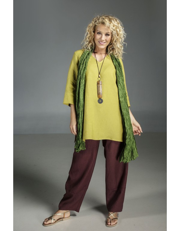 TUNIQUE INDIE EN LIN DE COULEUR VERT TILLEUL ET PANTALON MARRON ACAJOU