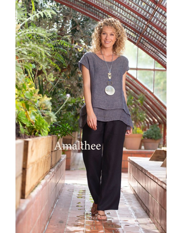 TOP SELENE  EN VOILE DE LIN GRIS ARDOISE AVEC PANTALON BARBARA DROIT EN LIN NOIR