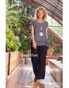 TOP SELENE  EN VOILE DE LIN GRIS ARDOISE AVEC PANTALON BARBARA DROIT EN LIN NOIR