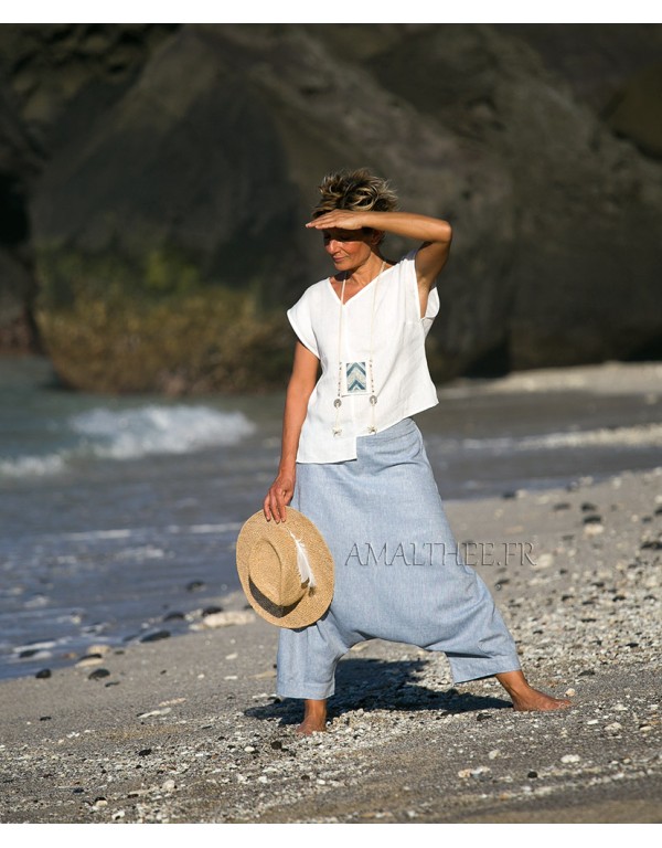 Sarouel bleu AZUR en lin chambray souple taille élastiquée sur l'arrière