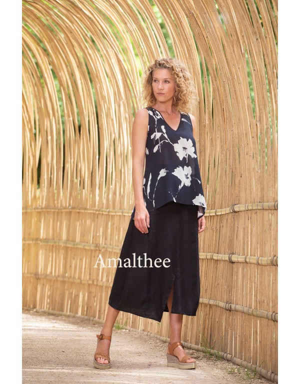 TOP VESUVE AUX IMPRIMES FLORALES EN VISCOSE ET JUPE ASSIA EN LIN NOIR