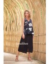 TOP VESUVE AUX IMPRIMES FLORALES EN VISCOSE ET JUPE ASSIA EN LIN NOIR