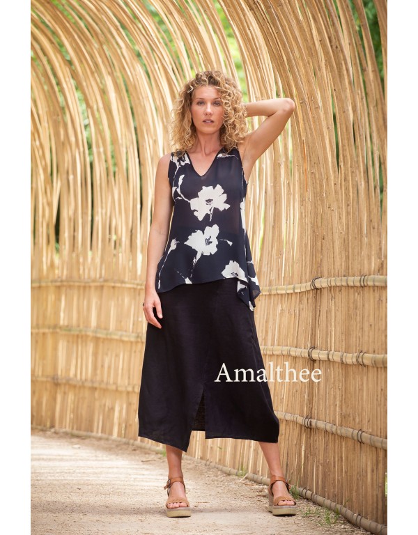 TOP VESUVE AUX IMPRIMES FLORALES EN VISCOSE ET JUPE ASSIA EN LIN NOIR