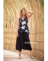 TOP VESUVE AUX IMPRIMES FLORALES EN VISCOSE ET JUPE ASSIA EN LIN NOIR