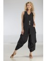 PANTALON LARGE  DRAPÉ EN LIN NOIR ET TUNIQUE ASSORTIE