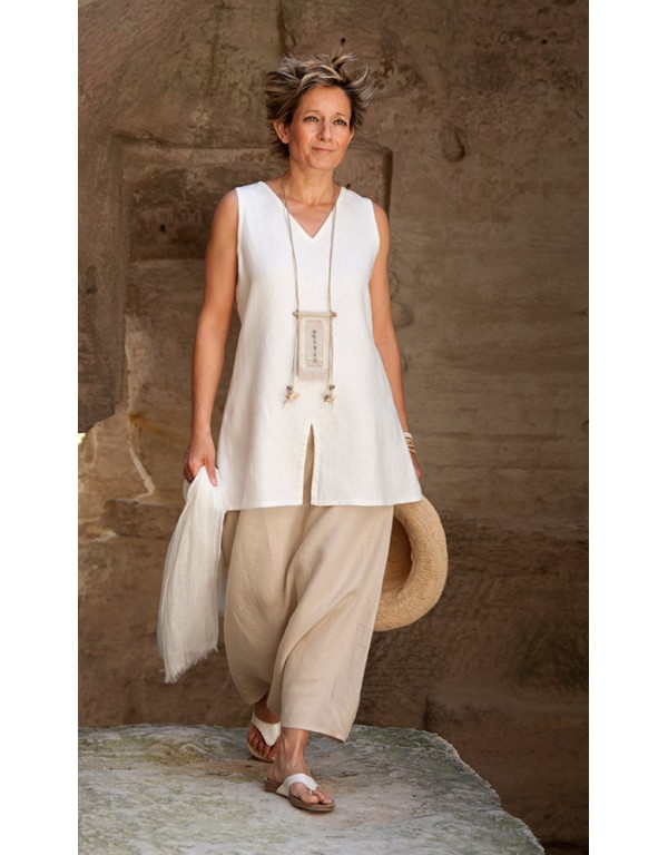 ENSEMBLE TOP ARCADE EN LIN NOIR ET SAROUEL EN LIN SABLE