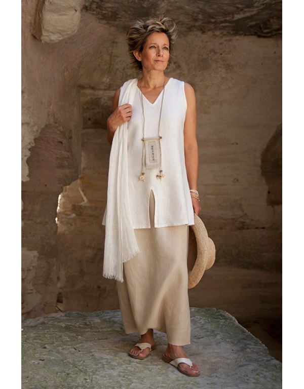 ENSEMBLE TOP ARCADE EN LIN NOIR ET SAROUEL EN LIN SABLE