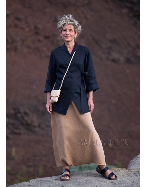 VESTE KIMO EN LIN NOIR ET SAROUEL JUPE HAVANE