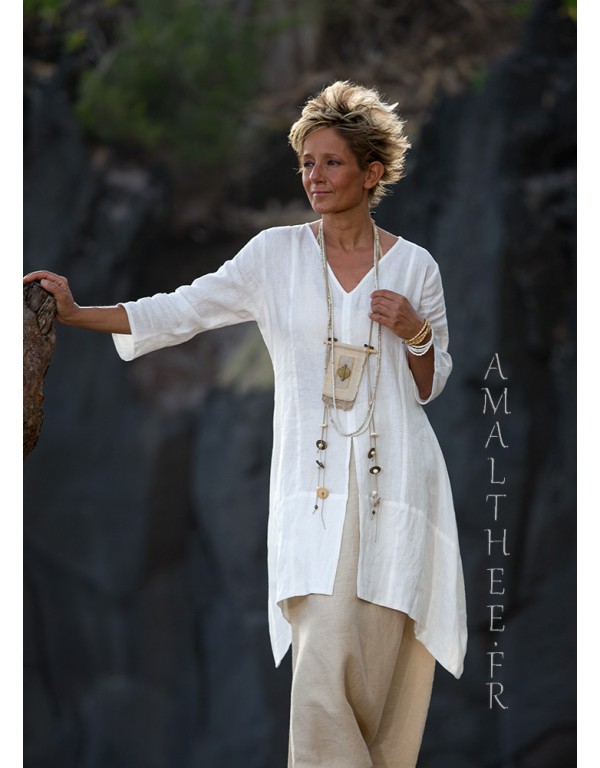 LONGUE CHEMISE EN LIN BLANC EMILIE MANCHE 3/4 ET SAROUEL JUPE EN LIN