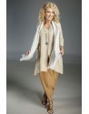 LONGUE CHEMISE EN LIN BEIGE SABLE EMILIE AVEC MANCHES TROIS QUART ET SAROUEL JUPE COULEUR TABACCO