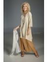 LONGUE CHEMISE EN LIN BEIGE SABLE EMILIE AVEC MANCHES TROIS QUART ET SAROUEL JUPE COULEUR TABACCO