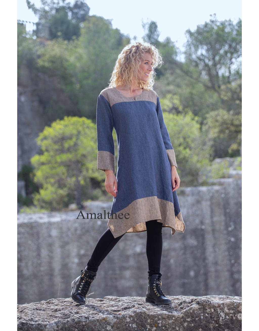 TUNIQUE ELISA BICOLORE  VERSION ROBE BLEU JEAN/TAUPE  SUR UN JEGGING NOIR OU UN PANTALON BLEU JEAN EN LIN