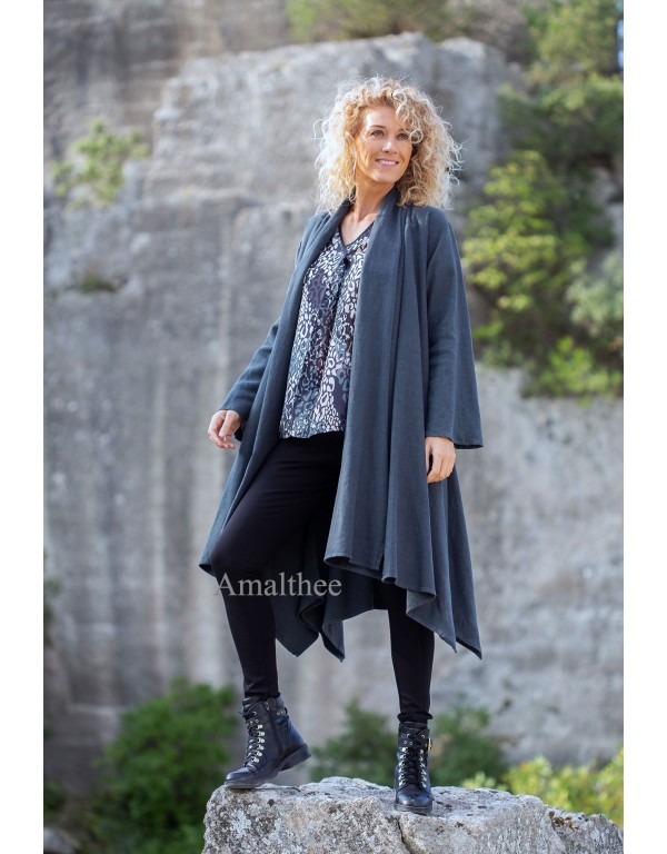 MANTEAU ADÈLE LONG DESTRUCTURÉ  EN  LIN LAINE COULEUR NOIR ET TUNIQUE ALAYA IMPRIMÉ VERT D'EAU