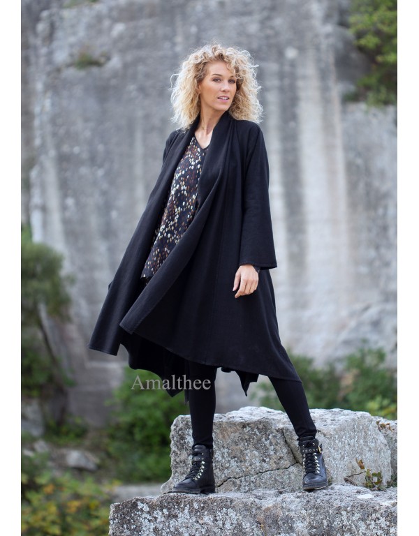 MANTEAU ADELE LONG DESTRUCTURE EN  LIN ET LAINE COULEUR NOIR ET TUNIQUE ALAYA IMPRIME VERT D'EAU