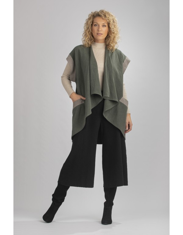 GILET VESTE ALICE SANS MANCHES EN LIN LAINE BICOLORE VERT AMANDE ET FICELLE AVEC PANTALON JUPE CULOTTE